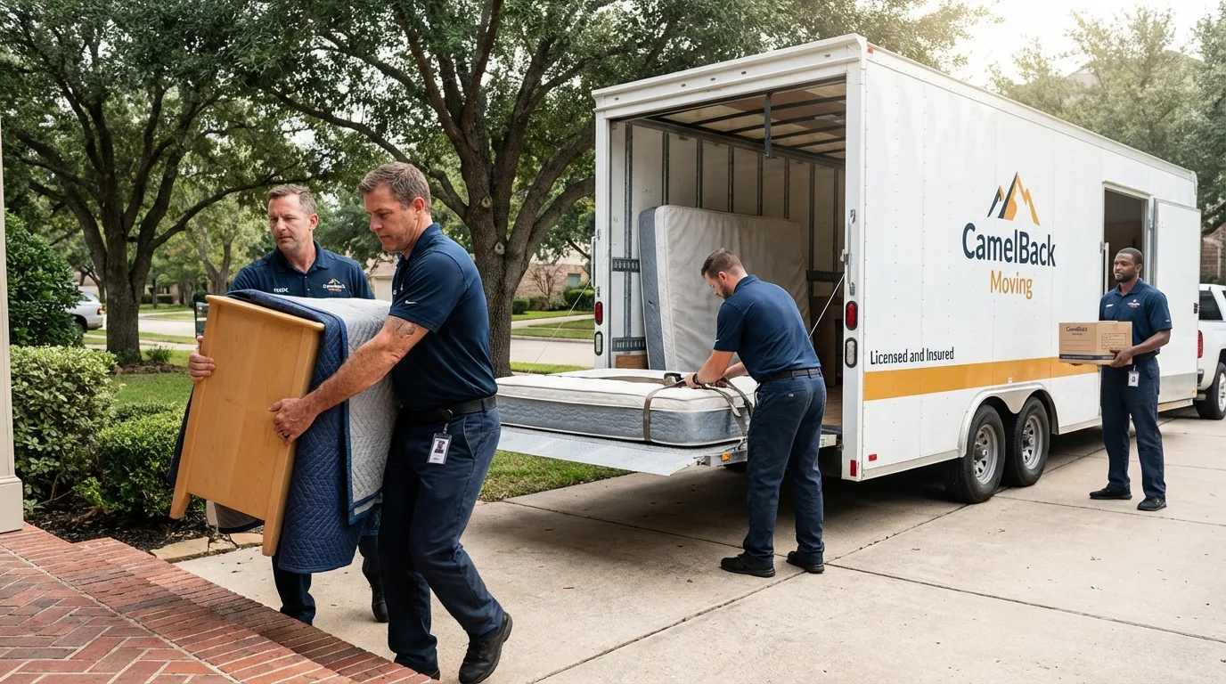 Crew loading residential truck for cross-state move from Oak Ridge, NC