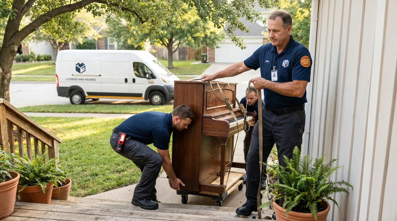 Licensed piano movers securing grand piano in Oak Ridge, NC