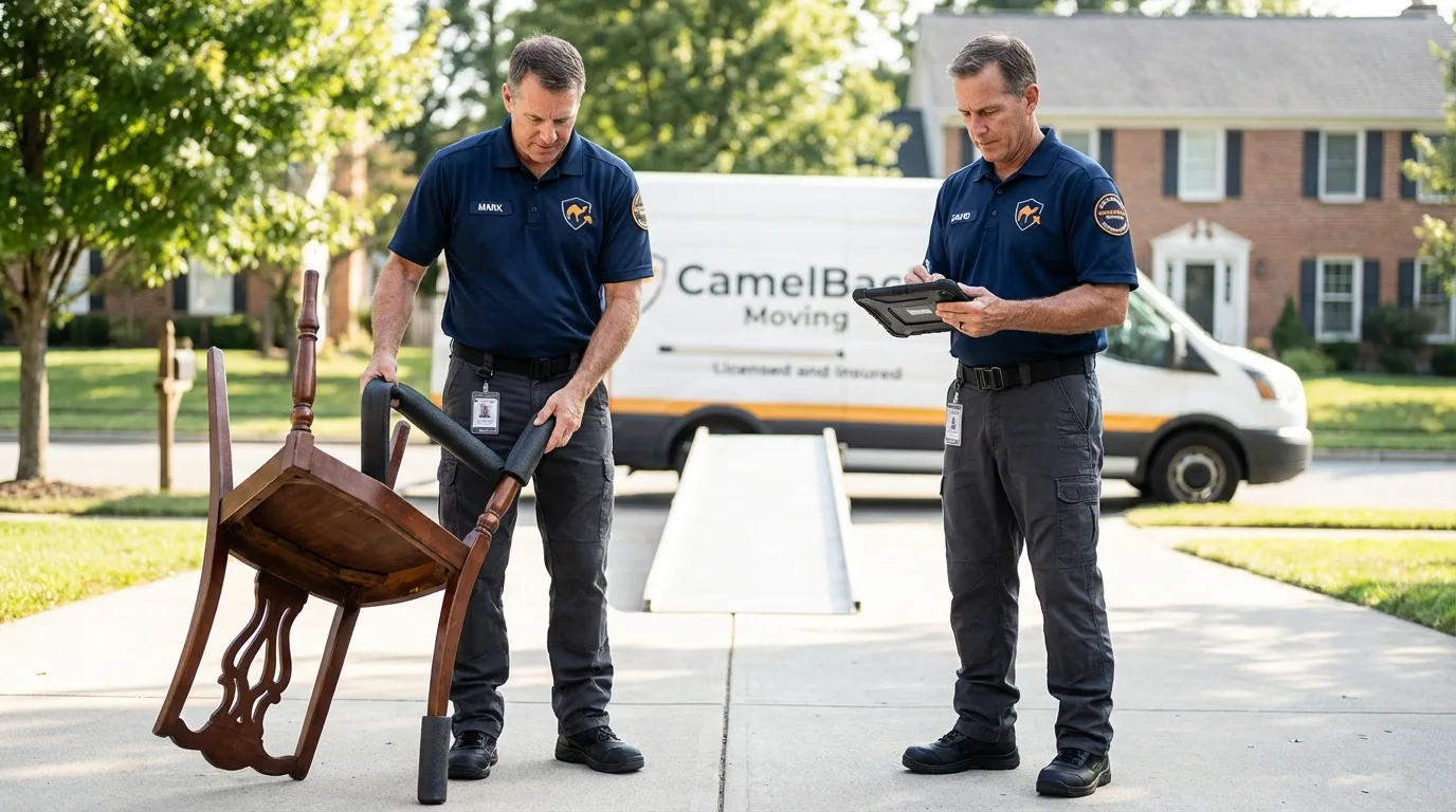 Movers inspecting furniture for damage prevention before loading in Oak Ridge, NC