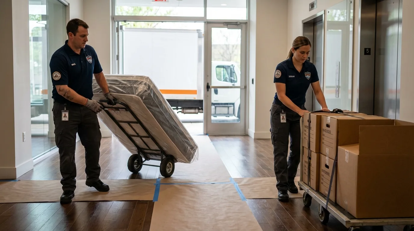 Professional apartment movers loading elevator in Oak Ridge, NC